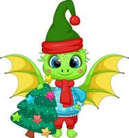 Natale cartone animato verde Drago con decorato Natale albero vettore