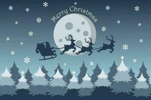 allegro Natale sfondo con Santa Claus volante su il cielo nel slitta con renna a notte con pieno Luna, neve, e Natale alberi. vettore illustrazione.