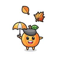cartone animato dell'albicocca carina che tiene un ombrello in autunno vettore