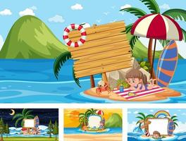 set di banner bianco in diverse scene di spiaggia tropicale vettore