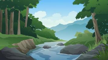 cartone animato paesaggio forestale con fiume e rocce