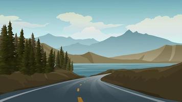 scena di strada vuota con lago e montagna vettore