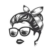 volto di donna con chignon disordinato e occhiali da sole vector line art