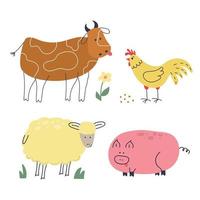 set di animali disegnati a mano, mucca, gallo, pecora, maiale. disegno scarabocchio. vettore