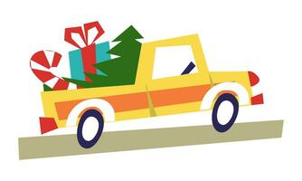 un' giallo camion è trasporto un' Natale albero, i regali e un' caramella canna per Natale e nuovo anno su il strada. isolato figli di geometrico vettore illustrazione per un' vacanza su un' bianca sfondo