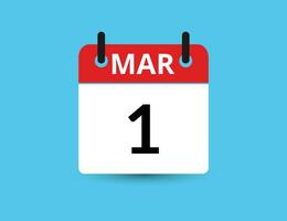 marzo 1. piatto icona calendario isolato su blu sfondo. Data e mese vettore illustrazione