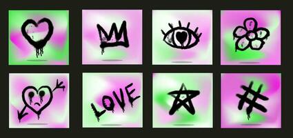 graffiti disegno emo simboli impostare. dipinto graffiti spray modello di fulmine, freccia, corona, stella, cuore e Sorridi. spray dipingere elementi. vettore illustrazione.