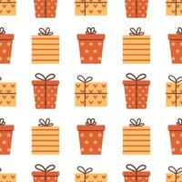vettore rosso e giallo regalo scatola senza soluzione di continuità modello. vacanza regali su bianca sfondo. Stampa con Natale, nuovo anno o compleanno i regali. involucro e tessile design.