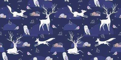 senza soluzione di continuità vettore modello con carino bosco animali, cervo, Volpe e gufo. inverno atmosfera. scandinavo illustrazione. Perfetto per tessile, sfondo o Stampa design. blu sfondo