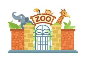 cancello d'ingresso allo zoo. elefante, una giraffa, una scimmia, un pappagallo. vettore