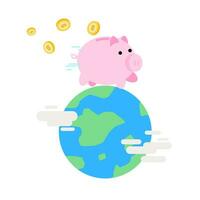 rosa maiale porcellino banca correre in giro mondo cartone animato scarabocchio piatto design stile vettore illustrazione