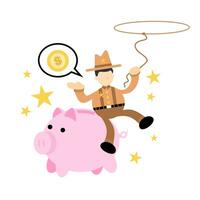 America cowboy raccogliere maiale banca i soldi dollaro economia cartone animato scarabocchio piatto design stile vettore illustrazione