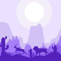 Leone caccia antilope cervo animale silhouette deserto savana paesaggio piatto design vettore illustrazione