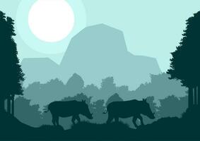 maiale cinghiale animale silhouette foresta montagna paesaggio piatto design vettore illustrazione