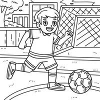 ragazzo chasing calcio palla colorazione pagina per bambini vettore