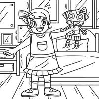 ragazza con robot giocattolo colorazione pagina per bambini vettore
