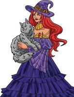 Halloween strega con un' gatto cartone animato colorato clipart vettore