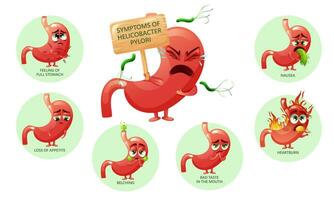 helicobacter pylori infezione sintomi cartone animato stomaco personaggi Infografica vettore