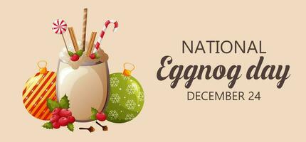 nazionale zabaione giorno. bicchiere di zabaione con Natale palle, cannella, Chiodi di garofano, Lecca-lecca e frutti di bosco vettore