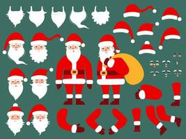 costruttore di Santa Claus piatto stile. diverso facce, Natale cappelli, baffi, barba e corpo parte vettore impostare. Santa Claus creazione kit vettore piatto stile.