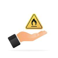 fuoco fiamma Pericolo icona nel mano. giallo illustrazione su bianca sfondo. vettore illustrazione