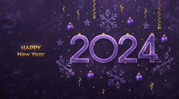 contento nuovo anno 2024. sospeso luccichio ghiaccio numeri 2024 con scintillante fiocchi di neve, stelle, palle, coriandoli su viola sfondo. nuovo anno saluto carta, striscione, volantino, manifesto. vettore illustrazione.