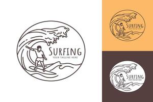 fare surf linea arte logo concetto francobollo di uomo fare surf con rotolamento oceano onde vettore