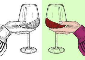 donna mano Tenere un' vino bicchiere schizzo, signora con un' bicchiere di vino nel mano, nero lineare schizzo, potabile etichetta vettore