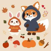 adorabile Volpe e coniglietto illustrazione per autunno stagione decorazione vettore