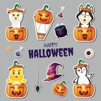 adesivi collezione halloween con simpatici alpaca, lupo, pulcino, pinguino vettore