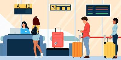 i passeggeri con bagagli vengono registrati in aeroporto. vettore