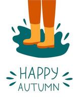 cartolina d'autunno felice. stivali in una pozzanghera vettore