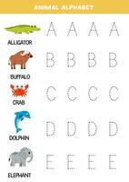 tracciato lettere di animale alfabeto. scrittura la pratica. vettore