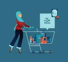 illustrazione di musulmano mamme o donne indossare hijab spingendo shopping carrello contenente drogheria con halal etichette. halal approvato e certificato con Arabo. può essere Usato per manifesti, striscioni, siti web vettore