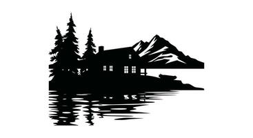 rustico cabina di il lago silhouette scena vettore