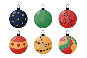 impostato di Natale palle per Natale albero decorazione, oro, buio blu, rosso, verde, isolato su bianca sfondo. per carte, decorazioni, decorazione. vettore illustrazione.