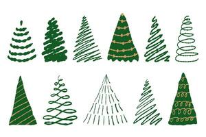 Natale alberi vettore impostato nel scarabocchio minimalista stile, per saluto carta, invito, striscione, ragnatela. verde, oro colori su un' bianca sfondo