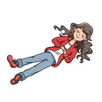 giovane adolescente ragazza con Marrone capelli, rosso camicia, e denim jeans pantaloni è addormentato o assunzione un' pisolino. vettore illustrazione colorato isolato. semplice piatto minimalista cartone animato arte styled disegno.