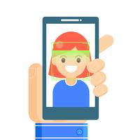 Riconoscimento dei volti e identificazione mobile. Giovane donna che sblocca il suo smartphone, o app. Illustrazione piatta vettoriale