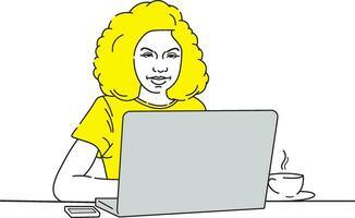 un' bellissimo ragazza è occupato con ufficio opera con il computer portatile linea arte design vettore