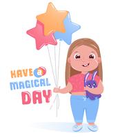 La piccola ragazza sveglia celebra la festa di buon compleanno con coniglietto giocattolo e palloncini colorati. Avere una carta magica giorno. Illustrazione di cartone animato vettoriale