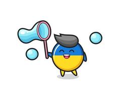 felice bandiera ucraina distintivo cartone animato che gioca bolla di sapone vettore