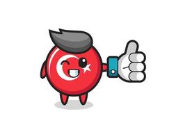 simpatico distintivo della bandiera della Turchia con il simbolo del pollice in alto sui social media vettore