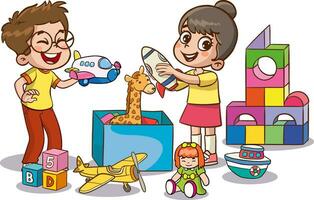 vettore illustrazione di carino bambini nel il scuola materna giocando con giocattoli