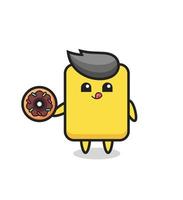 illustrazione di un personaggio del cartellino giallo che mangia una ciambella vettore