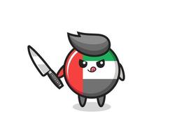 simpatica mascotte del distintivo della bandiera degli Emirati Arabi Uniti come uno psicopatico che tiene un coltello vettore