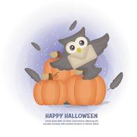 cartolina di halloween con gufo carino e zucche. vettore