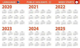 2020-2025 anno calendario nel finlandese linguaggio, settimana inizia a partire dal domenica. vettore