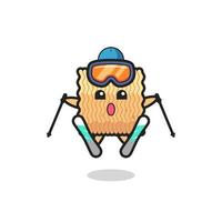 personaggio mascotte di spaghetti istantanei crudi come giocatore di sci vettore