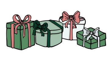 i regali e regali per vacanza e Natale celebrazione. isolato compleanno o anniversario scatola con involucro carta e nastro arco. vettore nel piatto scarabocchio stile. impostato di diverso scatole.
